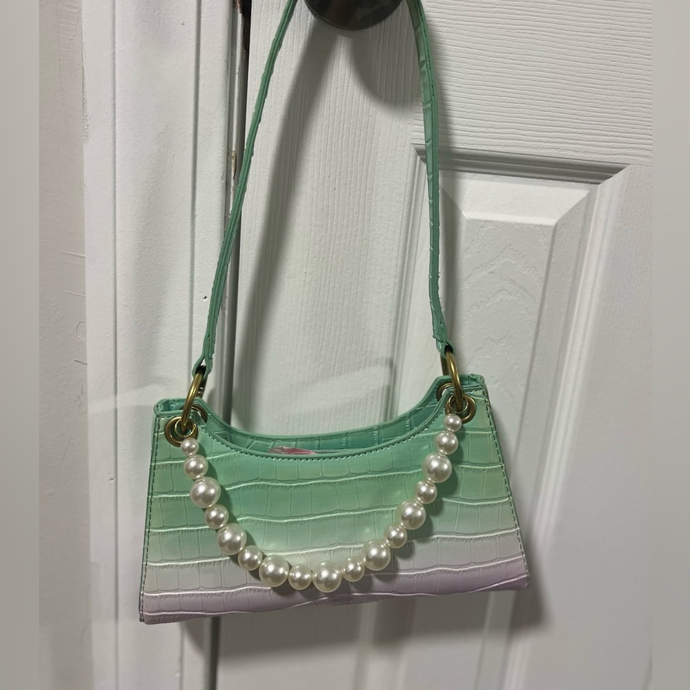 Mint Green and Lavender Croc-Embossed Shoulder Bag with Pearl Detail